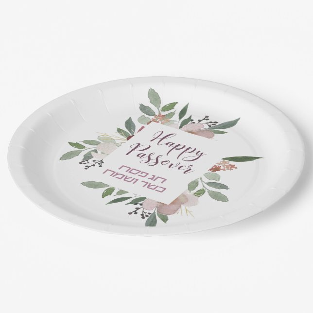 Plato De Papel Pesach Kasher veSameach Happy Passover Floral (Angular)
