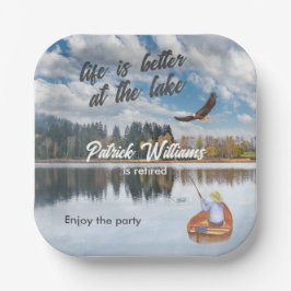 Plato De Papel Pesca de jubilación en la acuarela del lago