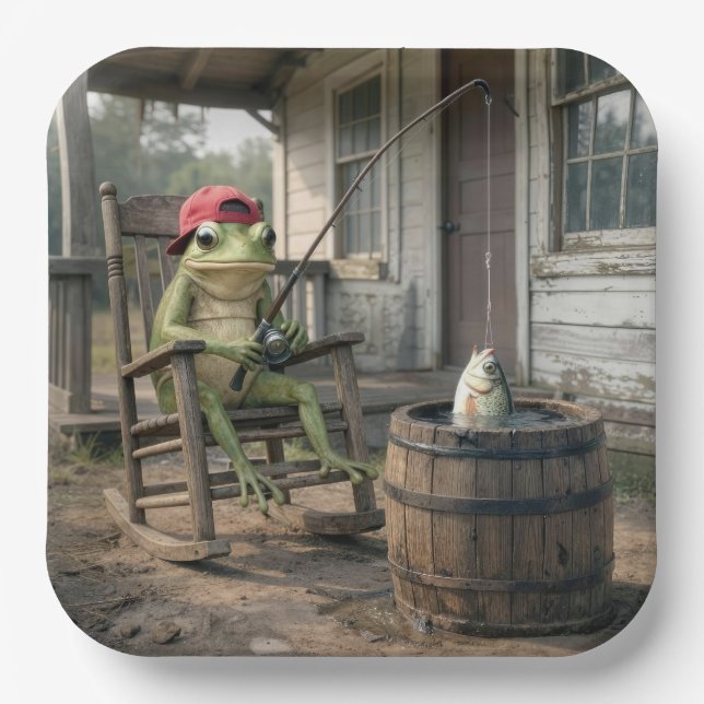 Plato De Papel Pesca de ranas en un barril de whiskey (Anverso)