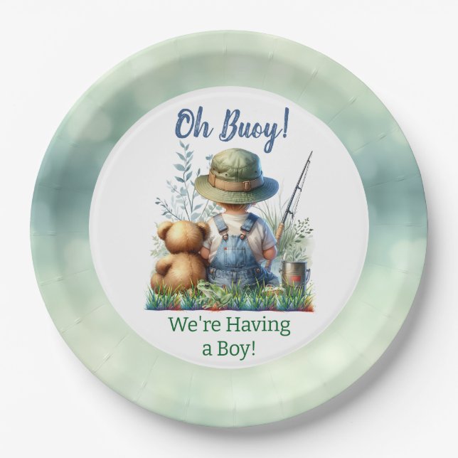 Plato De Papel Pesca del bebé y el oso de peluche | Baby Shower (Anverso)