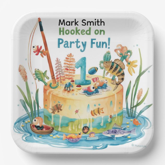 Plato De Papel Pesca del primer Fiesta de cumpleaños con diseño d (Anverso)
