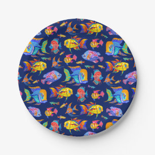 Plato De Papel Pesca tropical divertida en azul oscuro