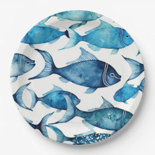 Plato De Papel Pescado acuático azul y naval Niños náuticos del