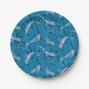 Plato De Papel Pescado azul vintage y algas marinas: Náutica Art