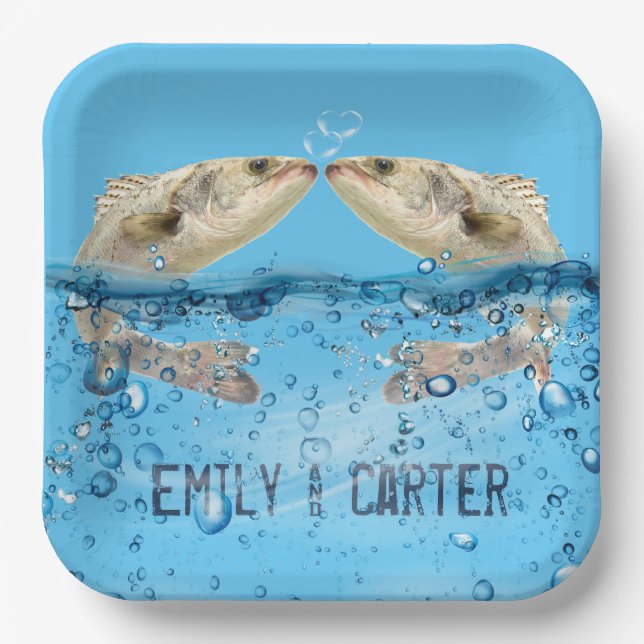 Plato De Papel Pescado boda en agua con burbujas cardíacas (Anverso)