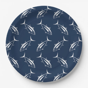 Plato De Papel Pescado de atún en blanco en azul marino
