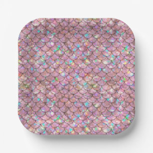 Plato De Papel Pescado de Sirena Rosa Escala Holográfico Elegante