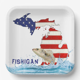 Plato De Papel Pescado en agua con bandera Michigan