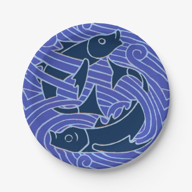 Plato De Papel Pescado Negrita Natación Océano Pesca Azul (Anverso)