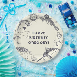 Plato De Papel Pescado y tatuajes náuticos Fiesta temática oceáni