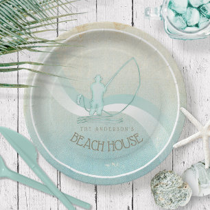 Plato De Papel Pescador náutico de Beach House Aqua Blue ID623