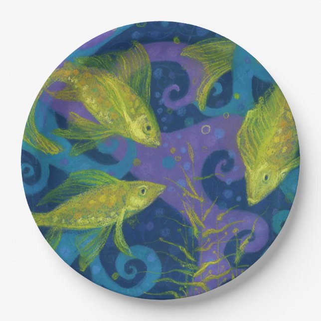 Plato De Papel Pescados dorados, piscis, peces, aguas submarinas (Anverso)