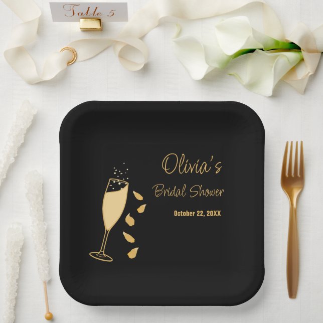 Plato De Papel Petales y Prosecco Dorado Negro Ducha de novia (Boda)