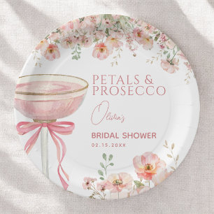 Plato De Papel Pétalos de lazo rosado y brindis de prosecco rosa 