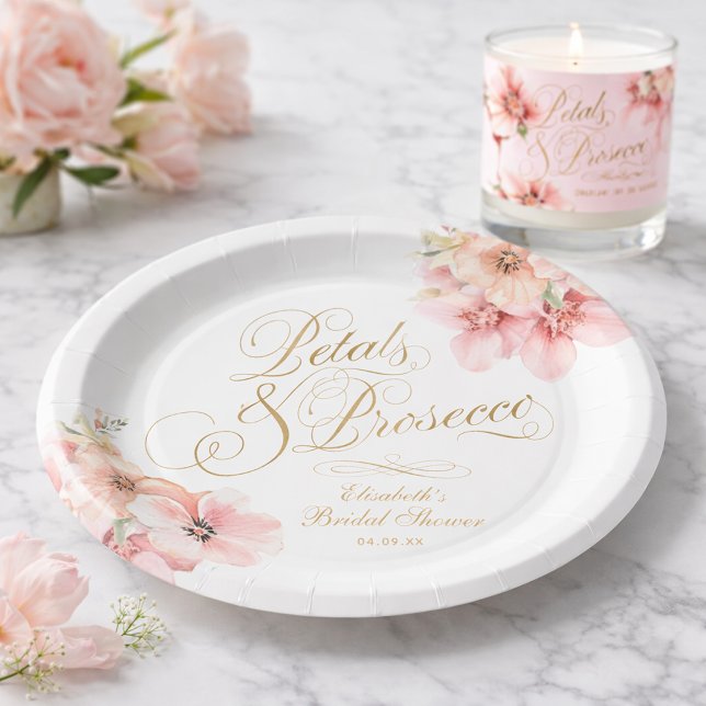 Plato De Papel Pétalos de oro rosa y Prosecco (Elegant White Pink Gold Floral Petals & Prosecco Paper Plates)