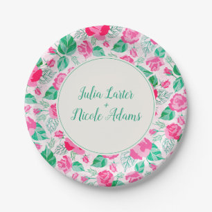 Plato De Papel Pétalos de rosa verdes rosados Flores Jardín Boda