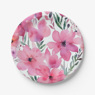 Plato De Papel Pétalos rosados Flores pintadas con acuarela