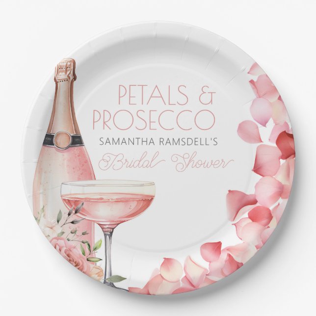 Plato De Papel Pétalos y ducha de novia rosa Prosecco (Anverso)