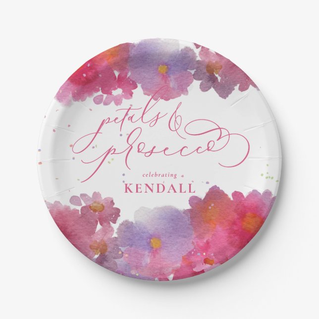 Plato De Papel Pétalos y Prosecco de acuarela floral (Anverso)