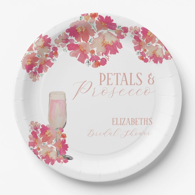 Plato De Papel Pétalos y Prosecco Ducha Bridal Floral Rosa (Anverso)