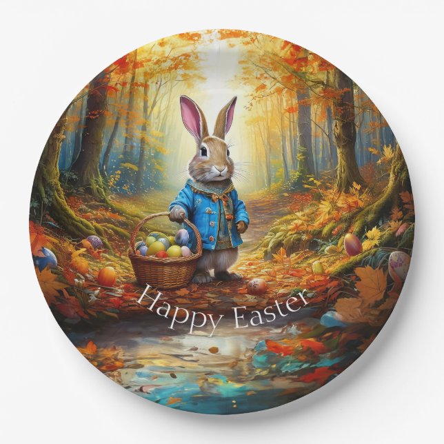 Plato De Papel Peter Easter Bunny con la cesta de huevos de Pascu (Anverso)