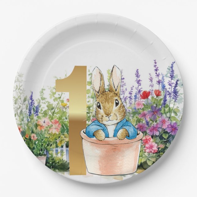 Plato De Papel Peter el Conejo en una olla de primer cumpleaños (Anverso)