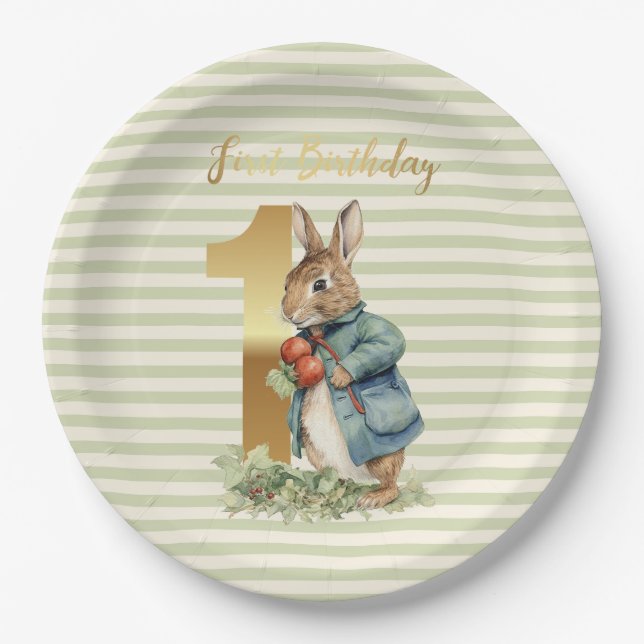 Plato De Papel Peter el Conejo recogiendo verduras Primer cumplea (Anverso)