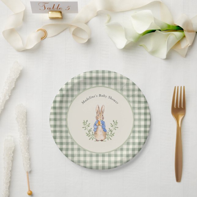 Plato De Papel Peter Rabbit Sage Green Gingham Baby Shower (Boda)