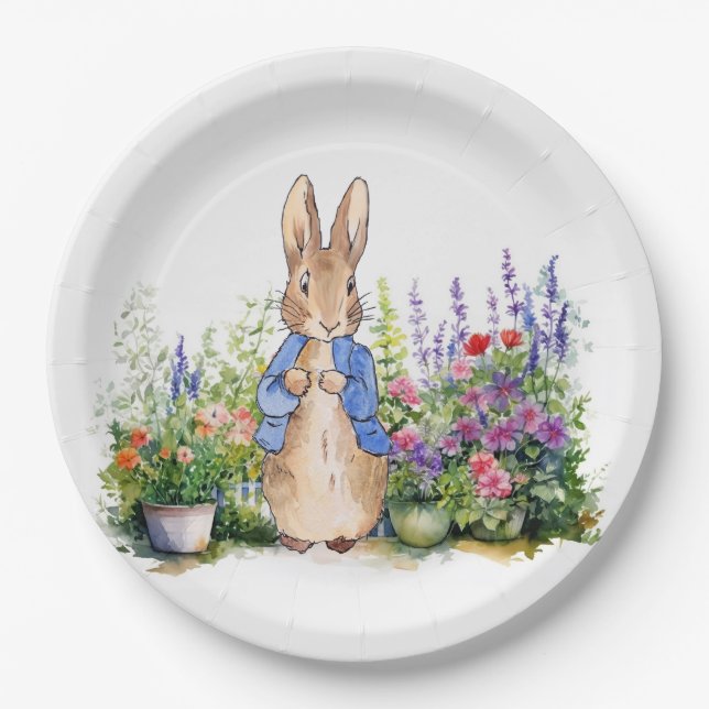 Plato De Papel Peter the Rabbit acuarela jardín floral (Anverso)
