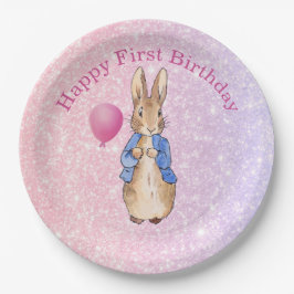 Plato De Papel Peter the Rabbit feliz primer cumpleaños purpurina