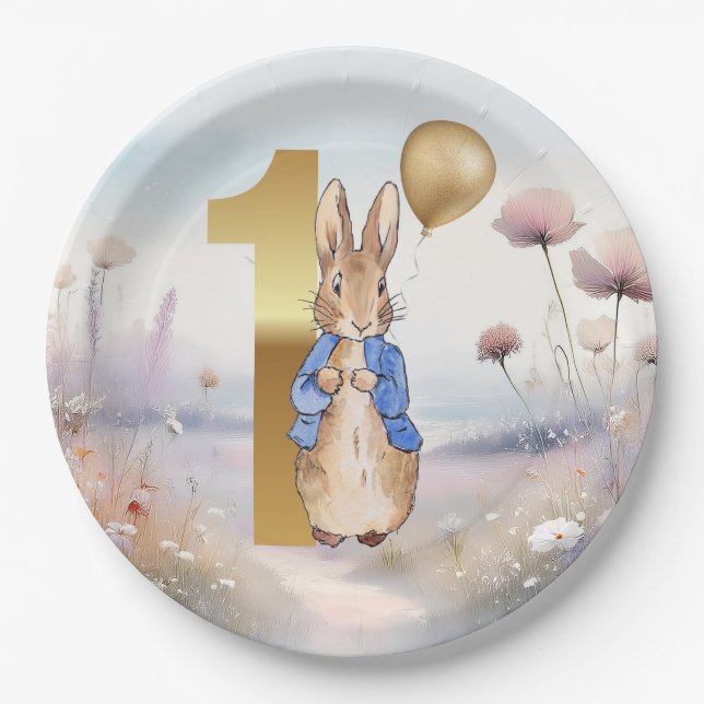 Plato De Papel Peter the Rabbit Florines del primer cumpleaños (Anverso)