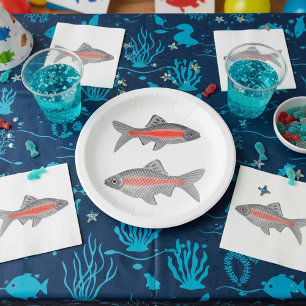 Plato De Papel Pez Barbo Tropical Rojo y Gris Acuático Exótico