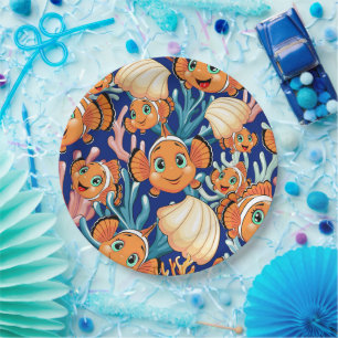 Plato De Papel Pez payaso Dibujo animado lindo Familia Subacuátic