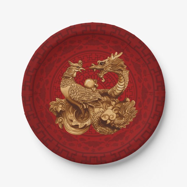 Plato De Papel Phoenix y Dragon - en rojo (Anverso)