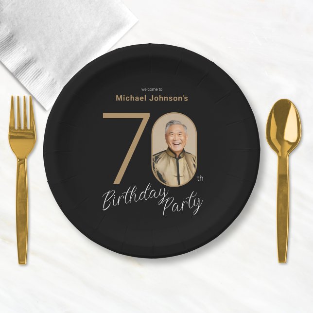 Plato De Papel Photo Black Gold 70th Birthday  (Photo Black Gold 70th Birthday Paper Plates)