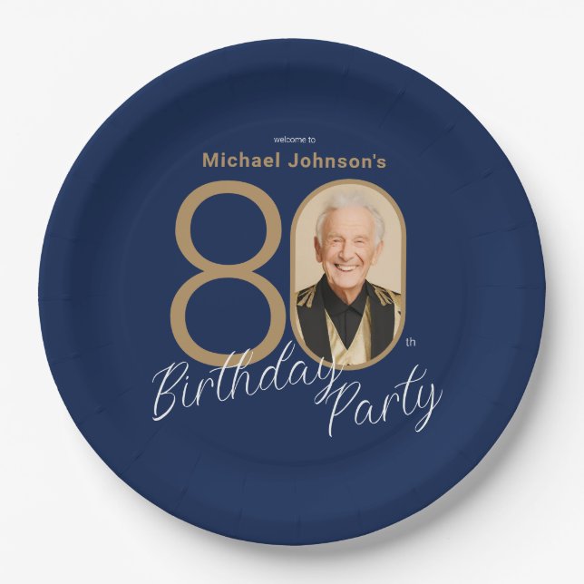 Plato De Papel Photo Navy Blue Gold Elegant Custom 80th Birthday  (Anverso)