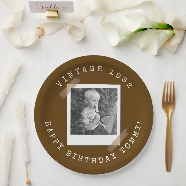 Plato De Papel Photo Polaroid Vintage Birthday Brown (Boda)