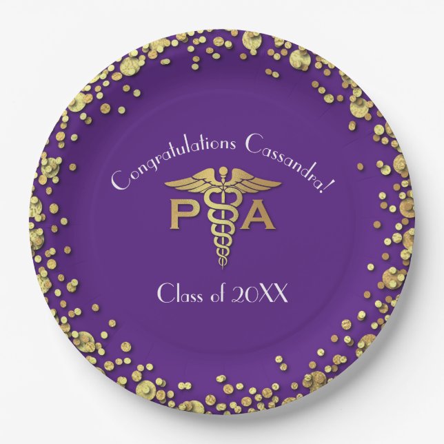 Plato De Papel Physician Assistant PA Graduation Purple Gold (Anverso)