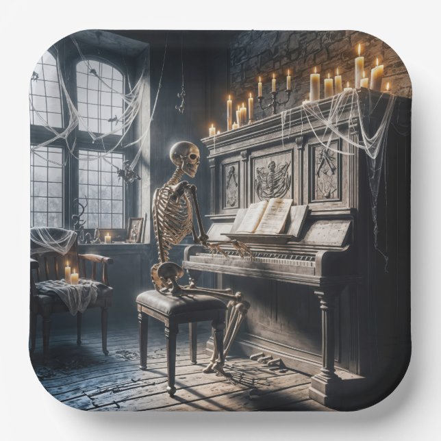 Plato De Papel Pianista esqueleto de Halloween (Anverso)