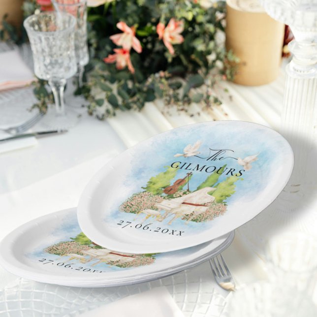 Plato De Papel Piano elegante | Palomas florales de violín Boda L (Subido por el creador)