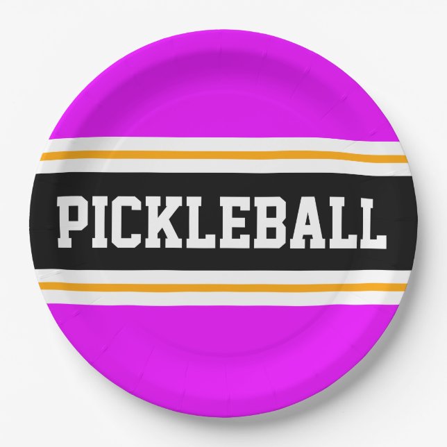 Plato De Papel PICKLEBALL Atletismo Tropical Rosa Bandas Negras (Anverso)