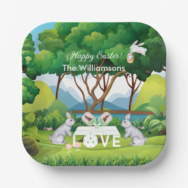 Plato De Papel Pickleball Bunnies Divertido Feliz nombre de Pascu (Anverso)