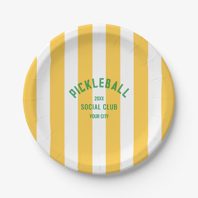 Plato De Papel Pickleball Club Social Escudo Yellow Cabana Stripe (Anverso)