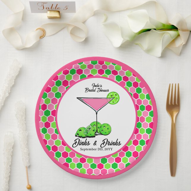 Plato De Papel Pickleball Cosmo Dinks & Drinks Pink Honeycomb (Boda)