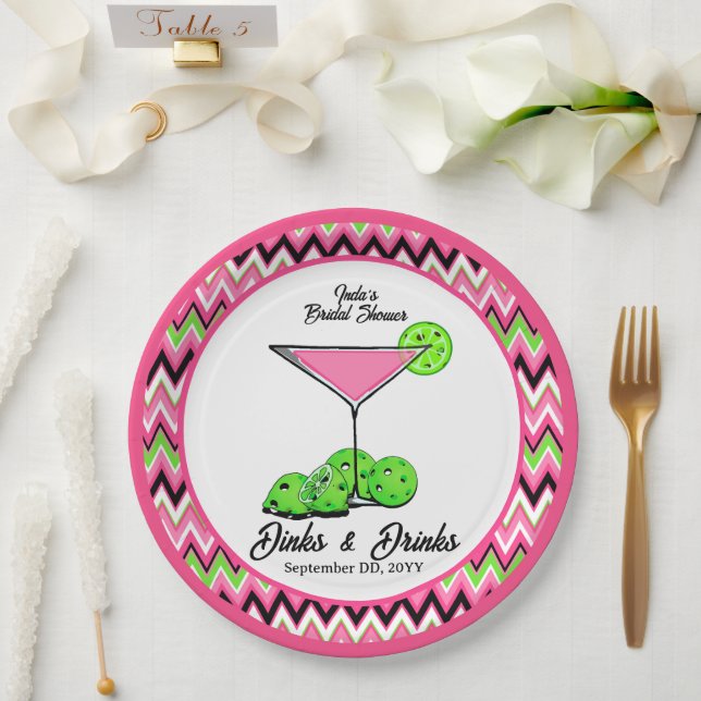 Plato De Papel Pickleball Cosmo Dinks & Drinks Rosa Argyle (Boda)