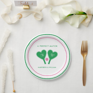 Plato De Papel Pickleball de Boda Verde y Rosa Preppy