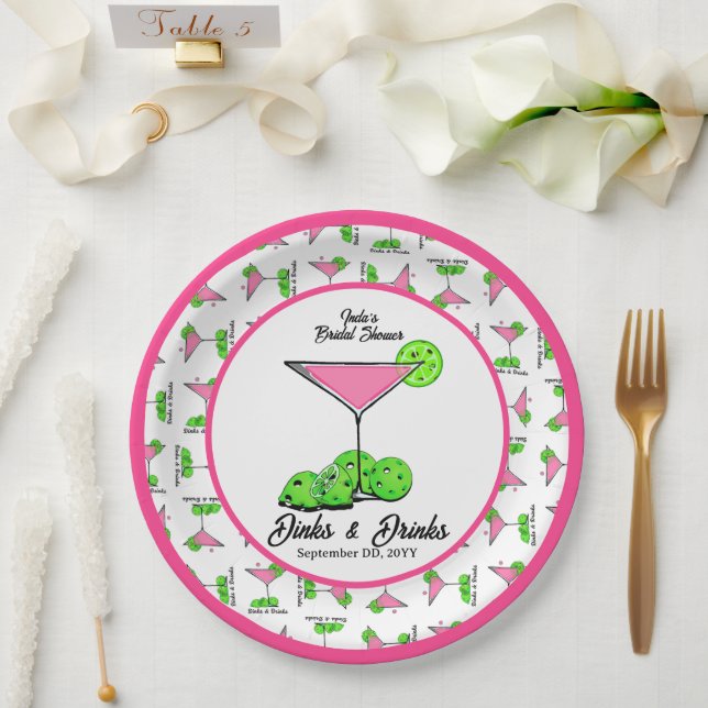 Plato De Papel Pickleball Dinks & Drinks Pink Cosmo Cocktails  (Boda)