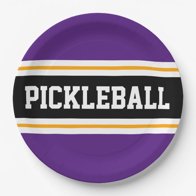 Plato De Papel PICKLEBALL Fun Athletic Bold Purple Black Stripes (Anverso)