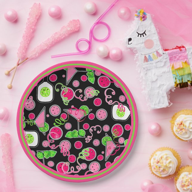 Plato De Papel Pickleball Party Pink Cosmo Cocktails Green Limes (Fiesta)