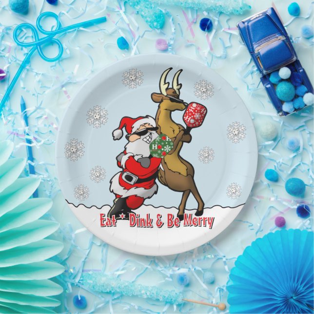 Plato De Papel Pickleball Party Santa Reindeer Snowflakes (Fiesta)